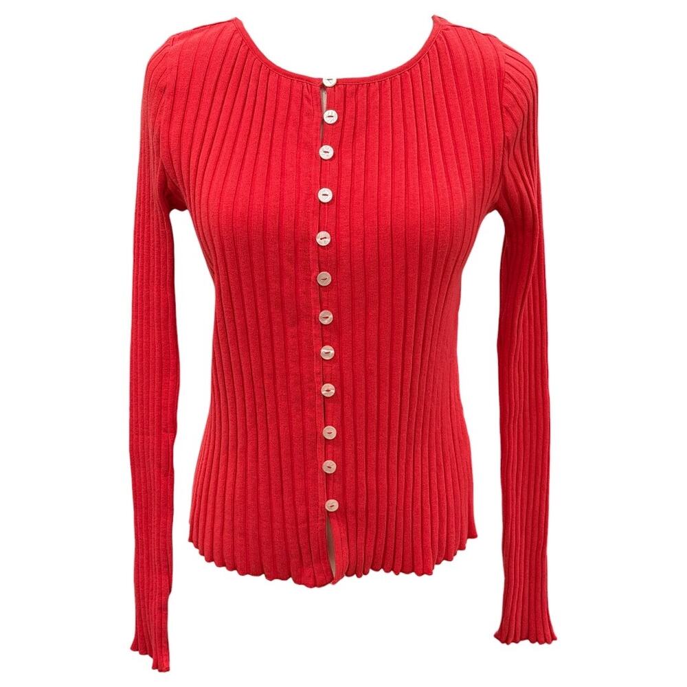 Free People Bright Red Ribbed Button-Front Cardigan - Picture 5 of 7